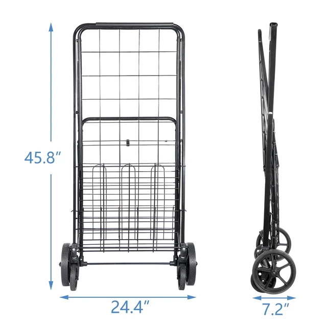 Alt view image 7 of 7 - Folding Shopping Cart Utility Cart with Double Basket and Swivel Wheels