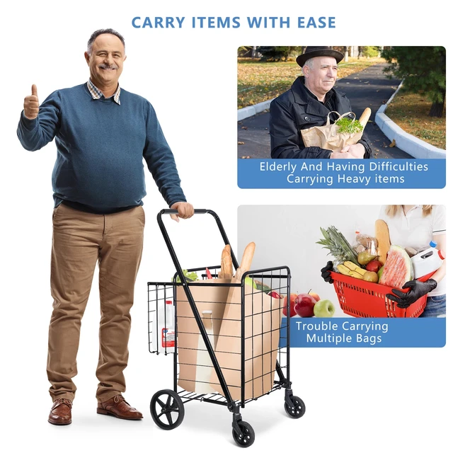 Alt view image 4 of 7 - Folding Shopping Cart Utility Cart with Double Basket and Swivel Wheels