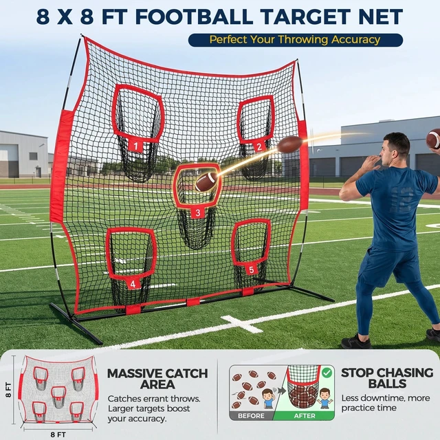 Alt view image 3 of 7 - 8x8FT Football Net Passing Target 5 Target Pockets Pass Training Aid w/ Bag