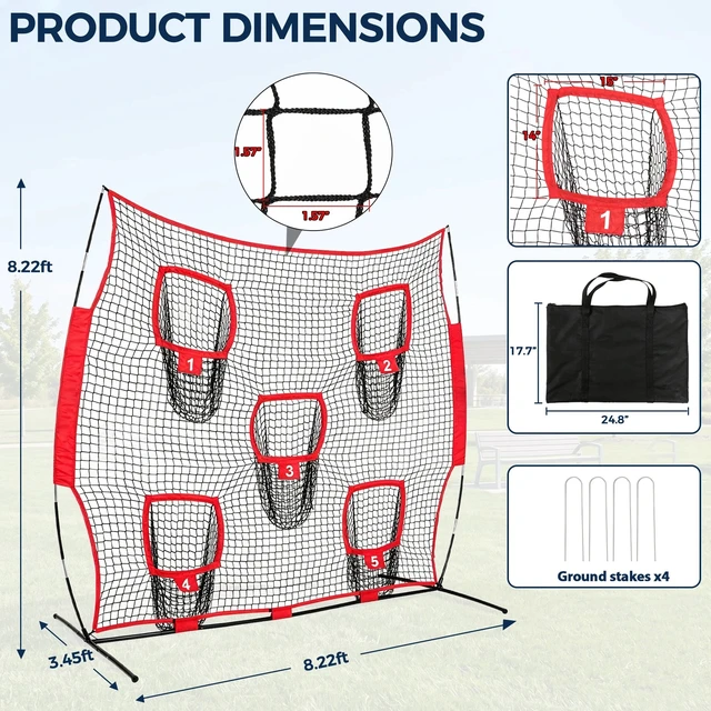 Alt view image 2 of 7 - 8x8FT Football Net Passing Target 5 Target Pockets Pass Training Aid w/ Bag