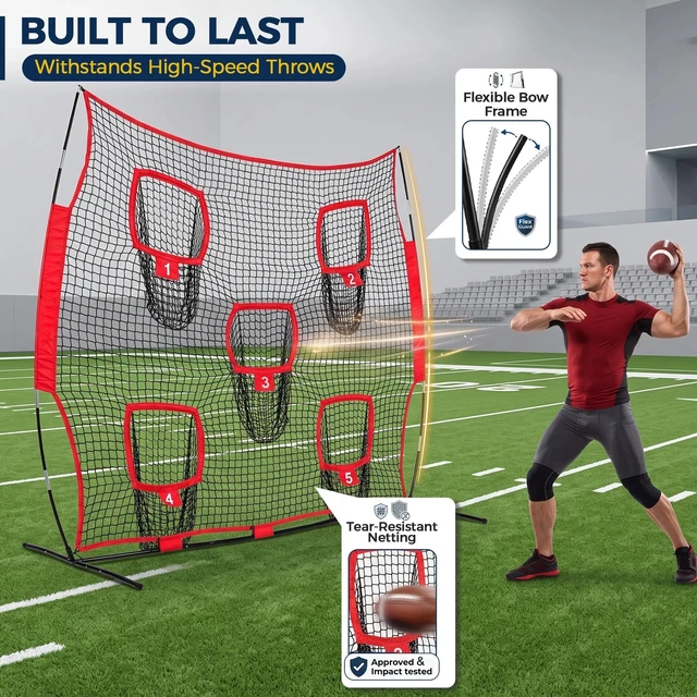 Alt view image 7 of 7 - 8x8FT Football Net Passing Target 5 Target Pockets Pass Training Aid w/ Bag