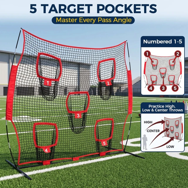 Alt view image 5 of 7 - 8x8FT Football Net Passing Target 5 Target Pockets Pass Training Aid w/ Bag