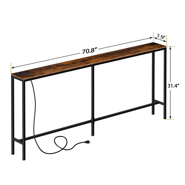 Alt view image 2 of 7 - 70" Narrow Console Table with Outlet Sofa Table w/ Charging Station Rustic Brown