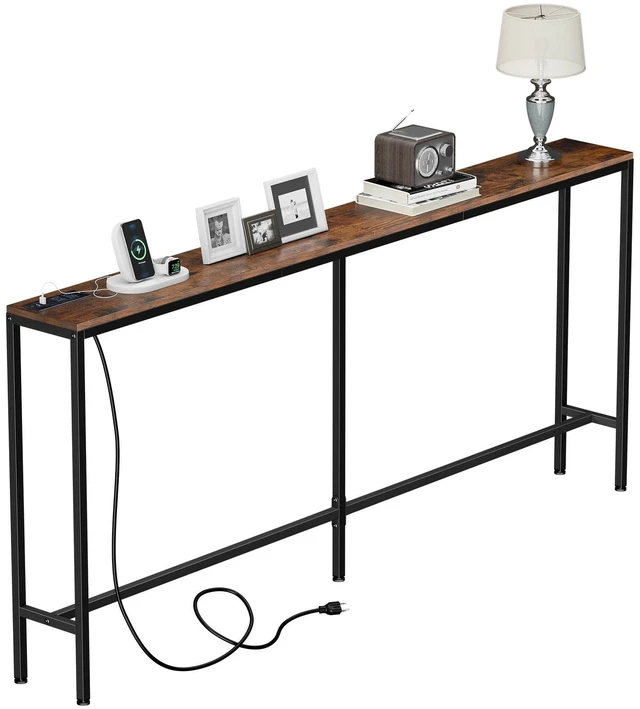 Main image of 70" Narrow Console Table with Outlet Sofa Table w/ Charging Station Rustic Brown