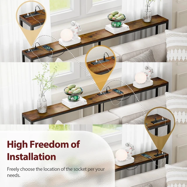 Alt view image 4 of 7 - 70" Narrow Console Table with Outlet Sofa Table w/ Charging Station Rustic Brown