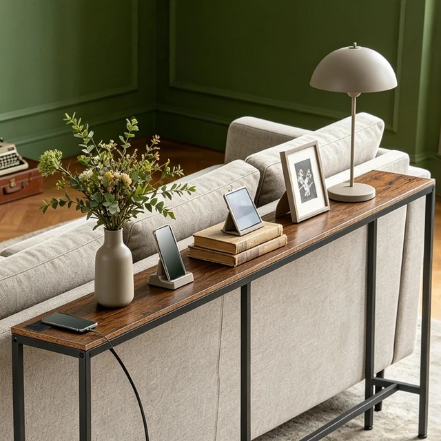 Alt view image 7 of 7 - 70" Narrow Console Table with Outlet Sofa Table w/ Charging Station Rustic Brown