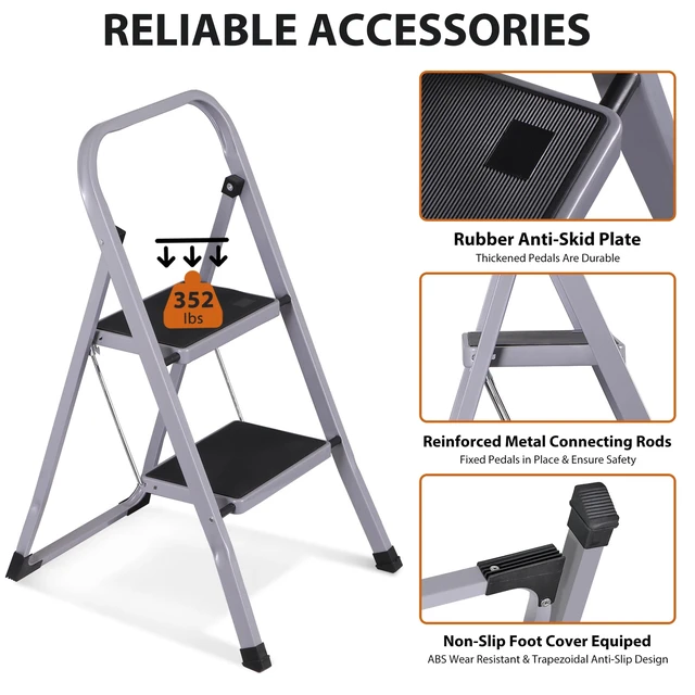 Alt view image 4 of 7 - 2 Steps Ladder Folding Anti-Slip Safety Steel Wide Pedal Handgrip 350Lbs Load