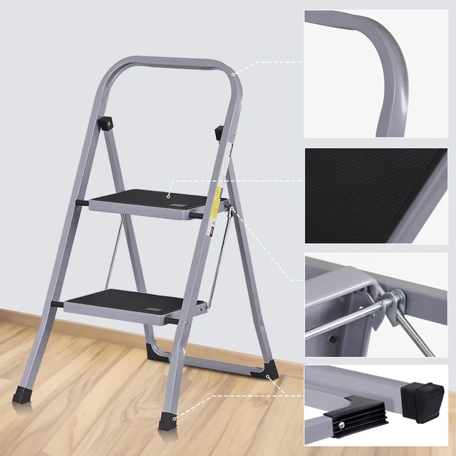 Alt view image 5 of 7 - 2 Steps Ladder Folding Anti-Slip Safety Steel Wide Pedal Handgrip 350Lbs Load