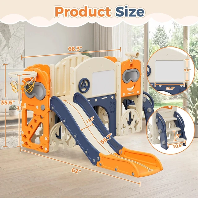 Alt view image 2 of 7 - 10-in-1 Kids Toddler Slide Playset Indoor Outdoor Playground w/ Basketball Hoop