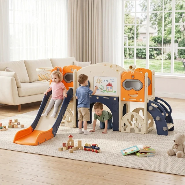 Main image of 10-in-1 Kids Toddler Slide Playset Indoor Outdoor Playground w/ Basketball Hoop
