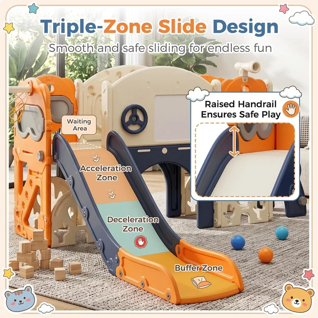 Alt view image 3 of 7 - 10-in-1 Kids Toddler Slide Playset Indoor Outdoor Playground w/ Basketball Hoop