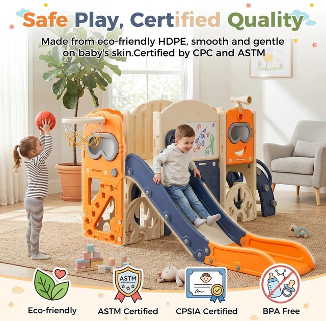 Alt view image 5 of 7 - 10-in-1 Kids Toddler Slide Playset Indoor Outdoor Playground w/ Basketball Hoop