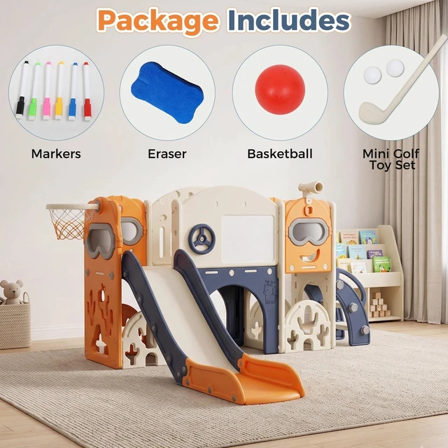 Alt view image 6 of 7 - 10-in-1 Kids Toddler Slide Playset Indoor Outdoor Playground w/ Basketball Hoop