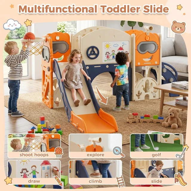 Alt view image 7 of 7 - 10-in-1 Kids Toddler Slide Playset Indoor Outdoor Playground w/ Basketball Hoop