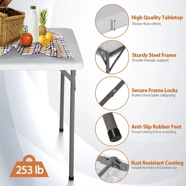 Alt view image 4 of 7 - 34" Portable Plastic Dining Card Table Fold-in-Half w/ Handle Outdoor Party