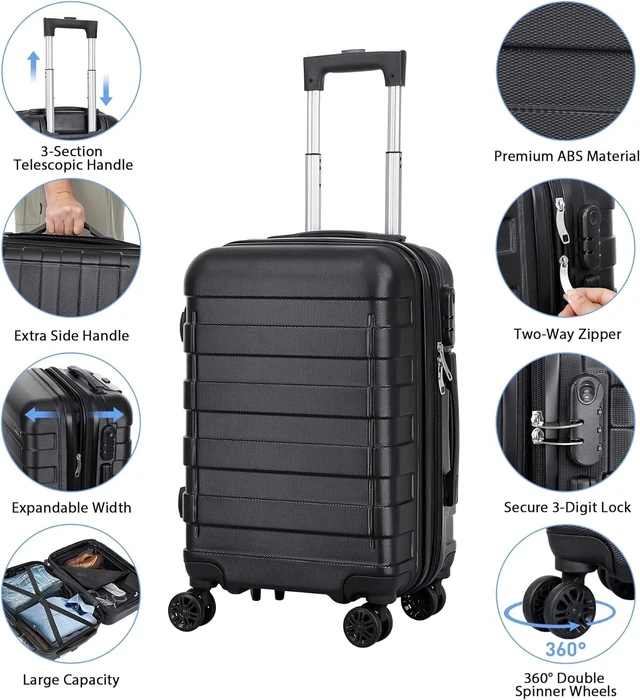 Alt view image 3 of 7 - 22" Hardside Carry On Spinner Suitcase Luggage Expandable with Wheels Black