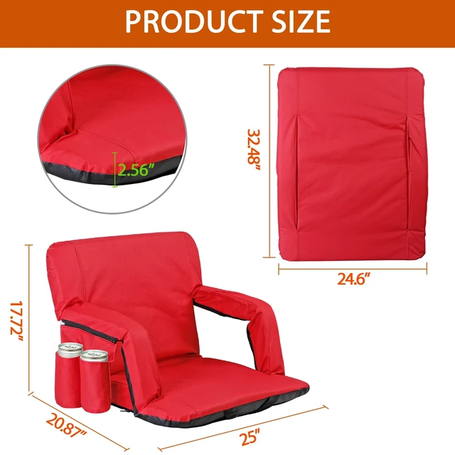 Alt view image 3 of 7 - Reclining Stadium Seat for Bleachers w/ Padded Backrest Adjustable Armrests Red