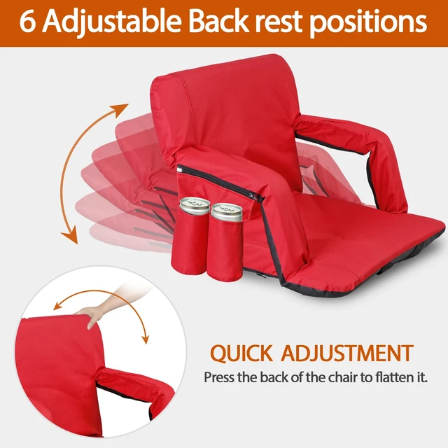 Alt view image 2 of 7 - Reclining Stadium Seat for Bleachers w/ Padded Backrest Adjustable Armrests Red