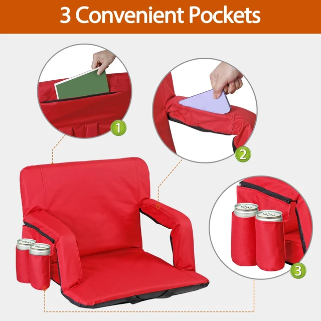 Alt view image 4 of 7 - Reclining Stadium Seat for Bleachers w/ Padded Backrest Adjustable Armrests Red