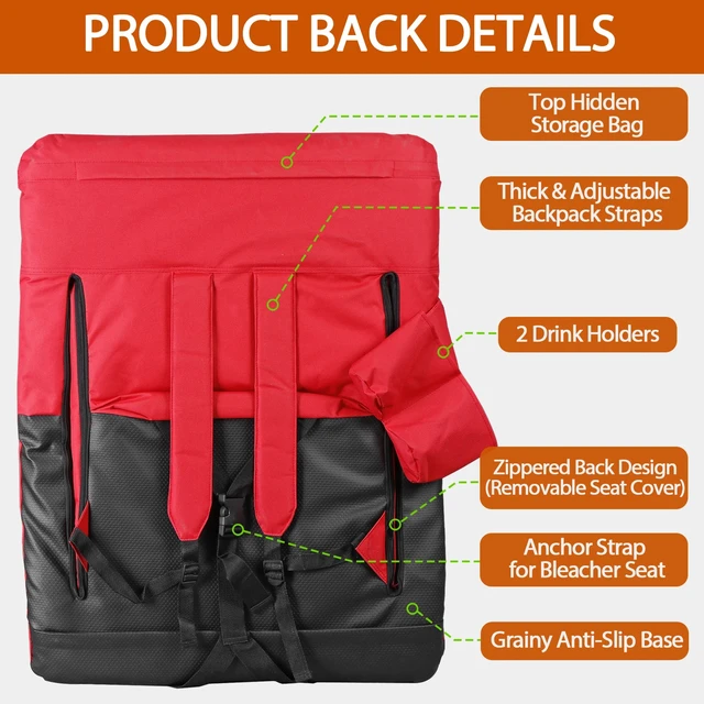 Alt view image 6 of 7 - Reclining Stadium Seat for Bleachers w/ Padded Backrest Adjustable Armrests Red