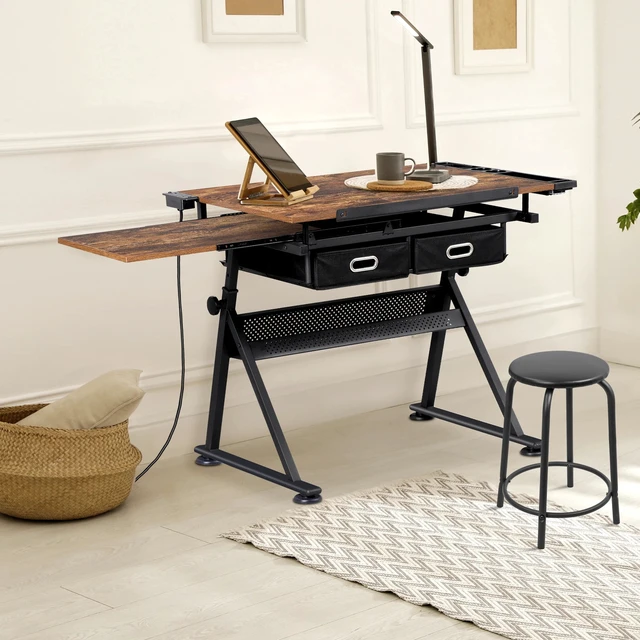 Alt view image 5 of 7 - Drafting Drawing Table Tiltable Tabletop Adjustable Height with Charge Outlet