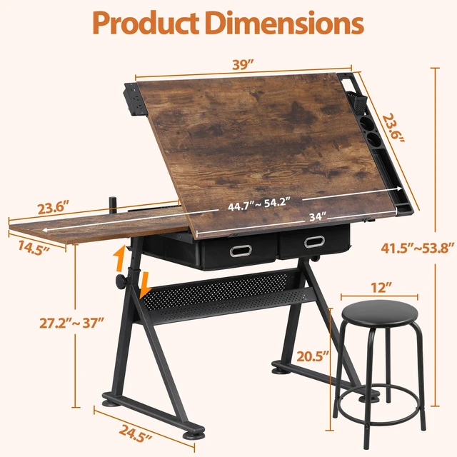 Alt view image 7 of 7 - Drafting Drawing Table Tiltable Tabletop Adjustable Height with Charge Outlet