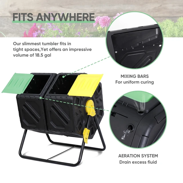 Alt view image 5 of 7 - 2X 37Gal Large Chamber Compost Tumbler Composter w/ 2 Sliding Doors 360° Fast