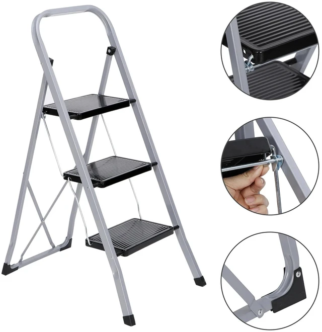 Main image of 3 Step Ladder Folding Steel Step Stool Anti-slip Silver Black 300Lbs Capacity