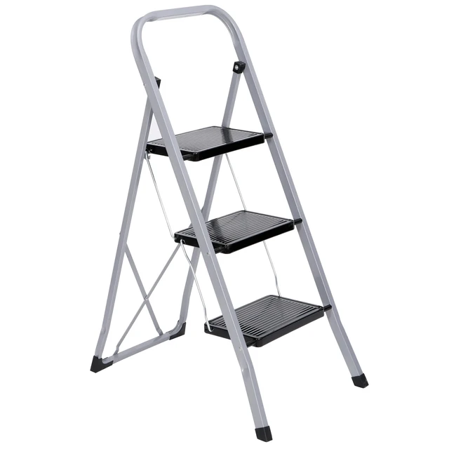 Alt view image 3 of 7 - 3 Step Ladder Folding Steel Step Stool Anti-slip Silver Black 300Lbs Capacity