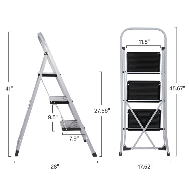 Alt view image 4 of 7 - 3 Step Ladder Folding Steel Step Stool Anti-slip Silver Black 300Lbs Capacity