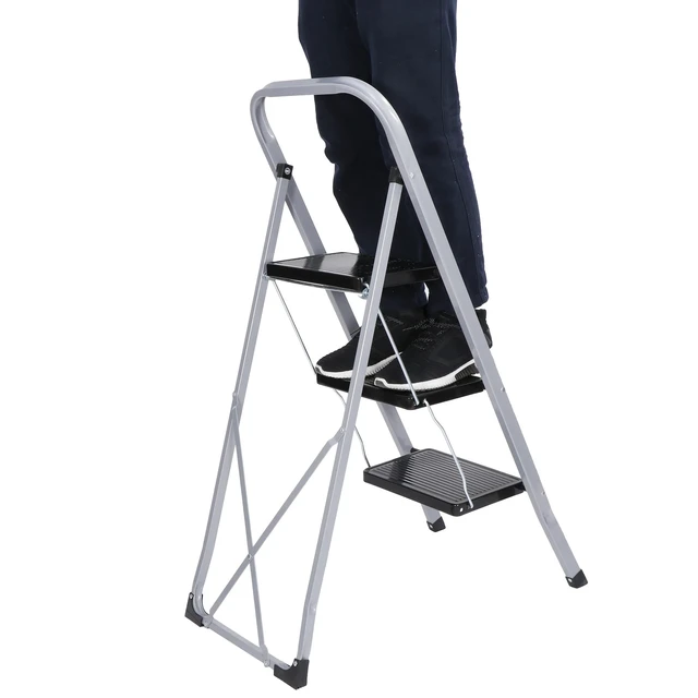 Alt view image 7 of 7 - 3 Step Ladder Folding Steel Step Stool Anti-slip Silver Black 300Lbs Capacity