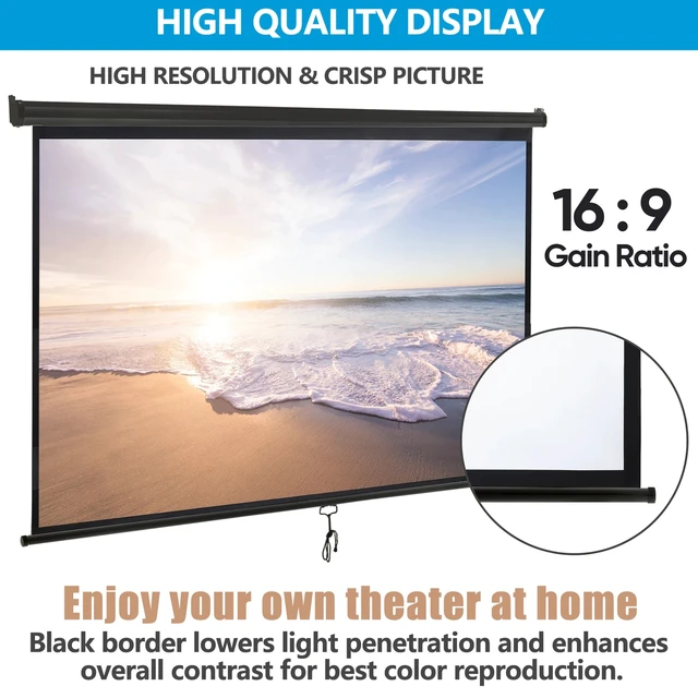 Alt view image 2 of 7 - 16:9 HD Projection Projector Screen Manual Pull Down for Home Movie Theate 100''
