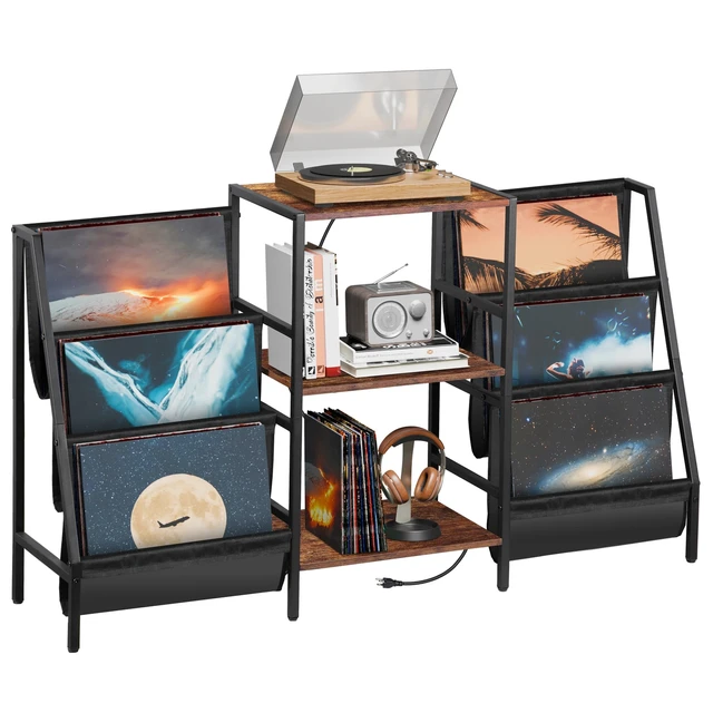 Alt view image 7 of 7 - Large Vintage Record Player Table Vinyl Display Shelf w/ Power Outlets & Socket