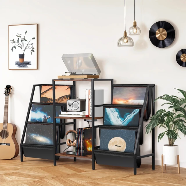 Alt view image 6 of 7 - Large Vintage Record Player Table Vinyl Display Shelf w/ Power Outlets & Socket