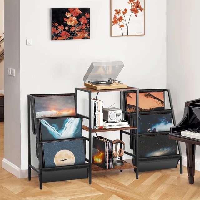 Alt view image 5 of 7 - Large Vintage Record Player Table Vinyl Display Shelf w/ Power Outlets & Socket