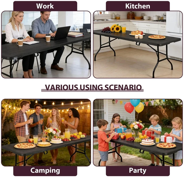 Alt view image 3 of 7 - Portable 8ft Plastic Folding Table w/Handle Lock for Picnic Camping Heavy Duty