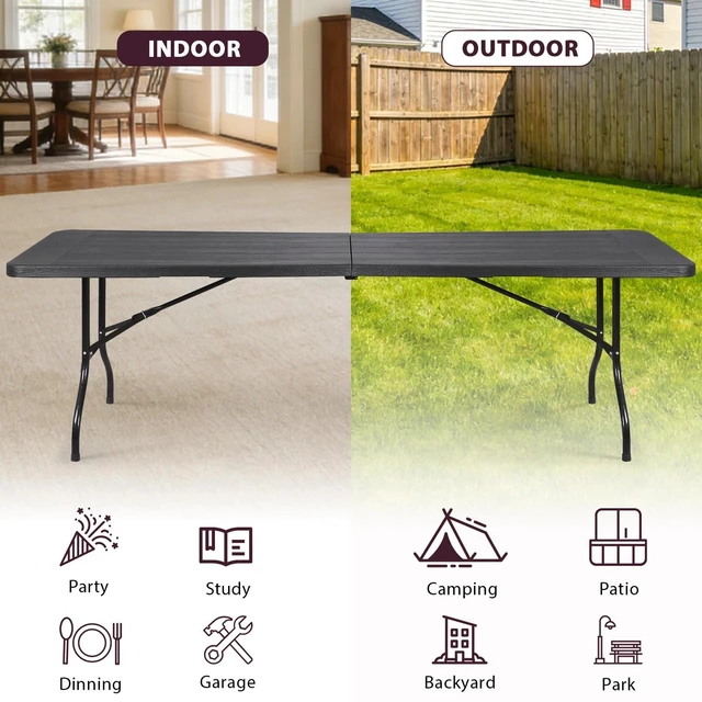 Alt view image 7 of 7 - Portable 8ft Plastic Folding Table w/Handle Lock for Picnic Camping Heavy Duty