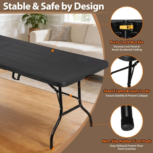 Alt view image 4 of 7 - Portable 8ft Plastic Folding Table w/Handle Lock for Picnic Camping Heavy Duty