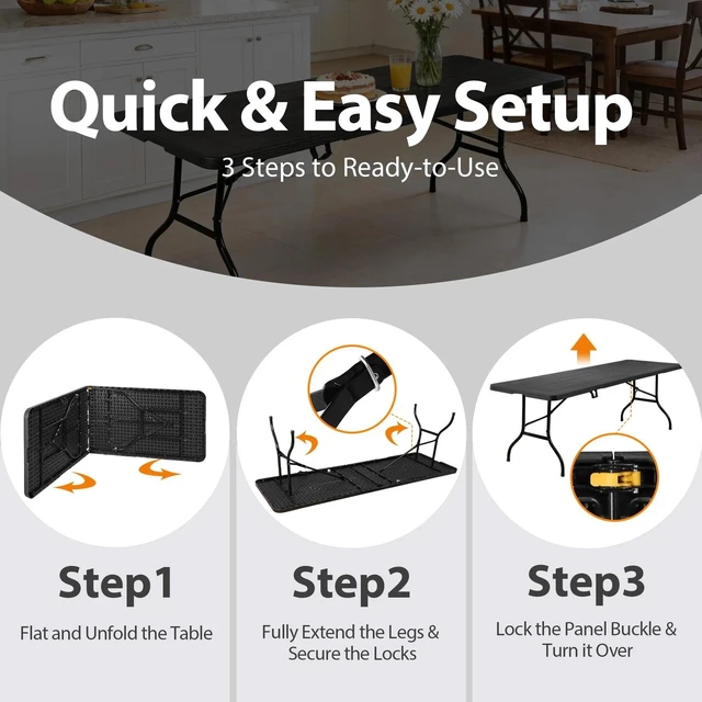 Alt view image 6 of 7 - Portable 8ft Plastic Folding Table w/Handle Lock for Picnic Camping Heavy Duty