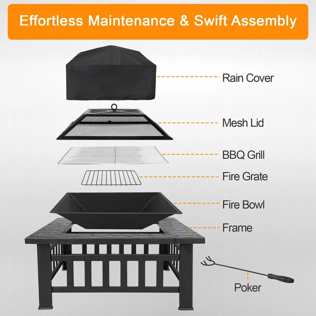 Alt view image 4 of 7 - 32" Square Metal Fire Pit Outdoor Patio Garden Backyard Stove Firepit Brazier