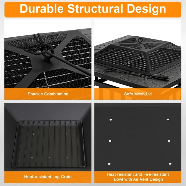 Alt view image 5 of 7 - 32" Square Metal Fire Pit Outdoor Patio Garden Backyard Stove Firepit Brazier