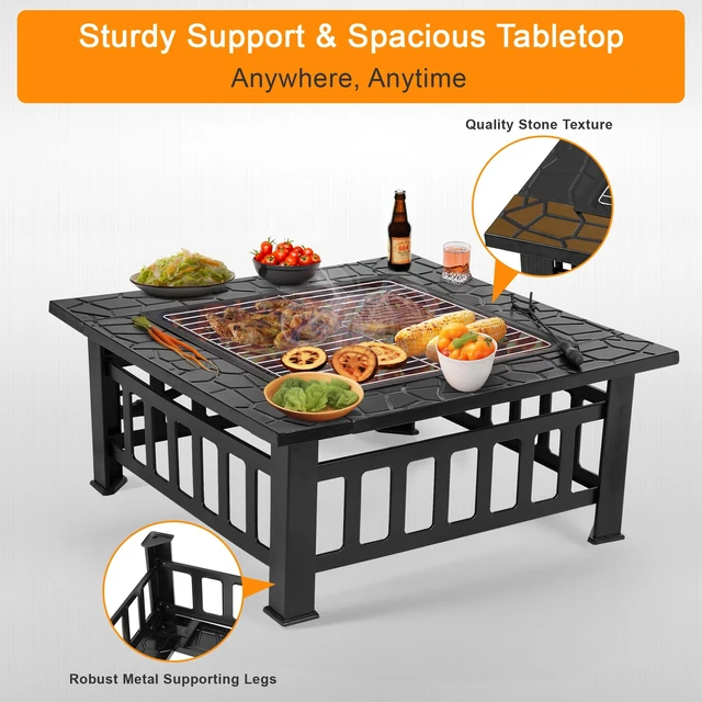 Alt view image 6 of 7 - 32" Square Metal Fire Pit Outdoor Patio Garden Backyard Stove Firepit Brazier