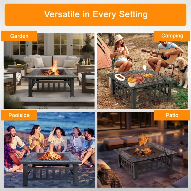 Alt view image 7 of 7 - 32" Square Metal Fire Pit Outdoor Patio Garden Backyard Stove Firepit Brazier