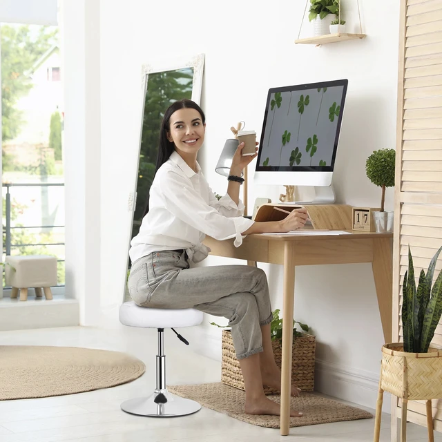 Alt view image 5 of 7 - Adjustable Round Ottoman Stool Vanity Stool Chair PU Leather Swivel Makeup Stool