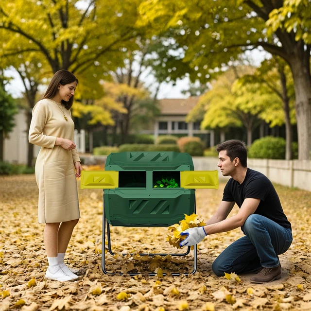 Alt view image 2 of 7 - 43 Gals Outdoor Compost Tumbler Bin Green Dual Chamber Large Composter Tumbling