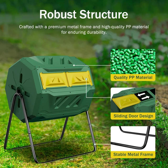 Alt view image 3 of 7 - 43 Gals Outdoor Compost Tumbler Bin Green Dual Chamber Large Composter Tumbling