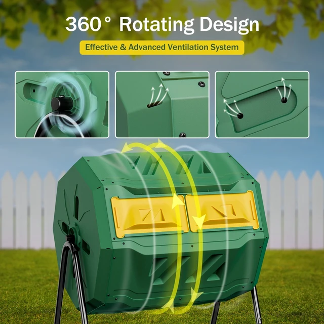 Alt view image 4 of 7 - 43 Gals Outdoor Compost Tumbler Bin Green Dual Chamber Large Composter Tumbling