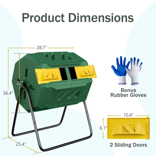 Alt view image 7 of 7 - 43 Gals Outdoor Compost Tumbler Bin Green Dual Chamber Large Composter Tumbling
