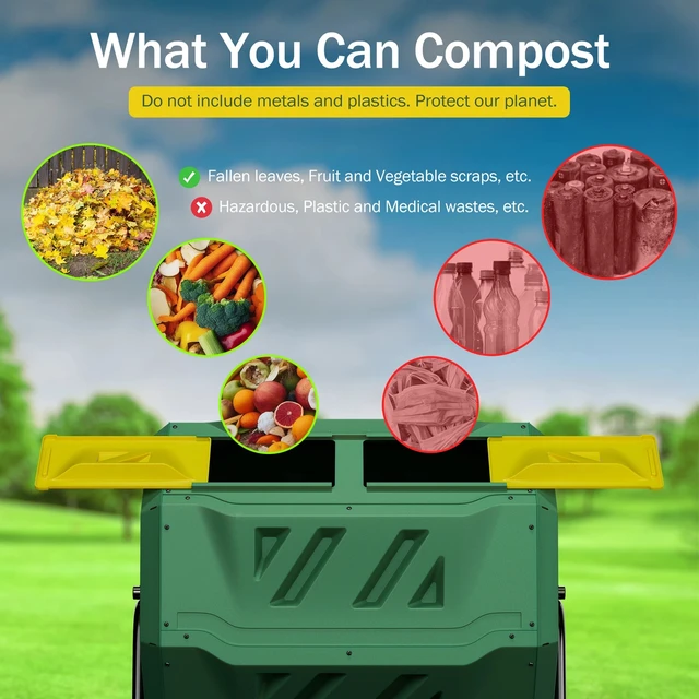 Alt view image 6 of 7 - 43 Gals Outdoor Compost Tumbler Bin Green Dual Chamber Large Composter Tumbling