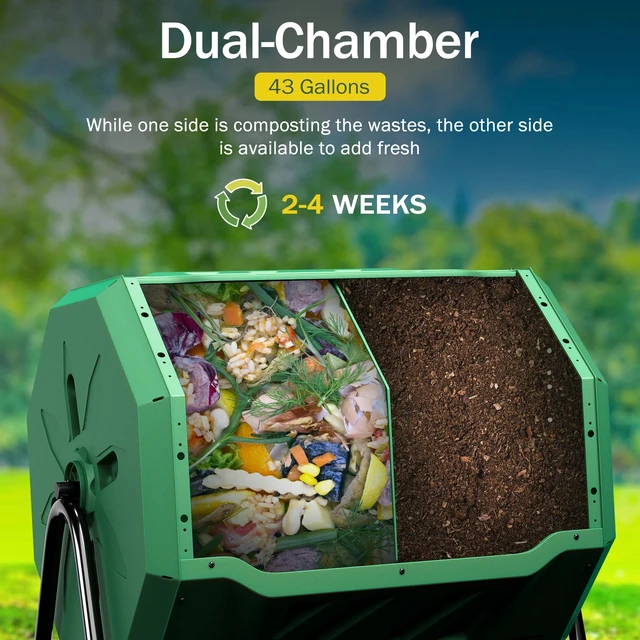 Alt view image 5 of 7 - 43 Gals Outdoor Compost Tumbler Bin Green Dual Chamber Large Composter Tumbling